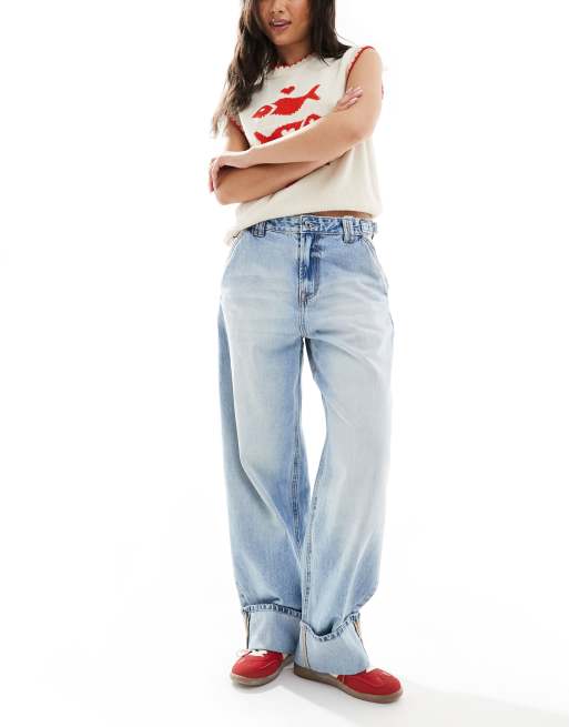 Stradivarius – Niebieskie baryłkowe jeansy z regulowaną talią