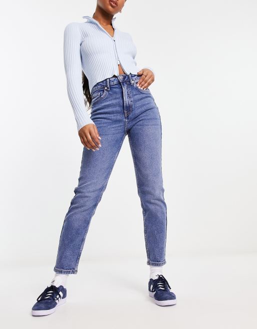Stradivarius – Niebieskie elastyczne mom jeans o dopasowanym kroju, 5 z 5