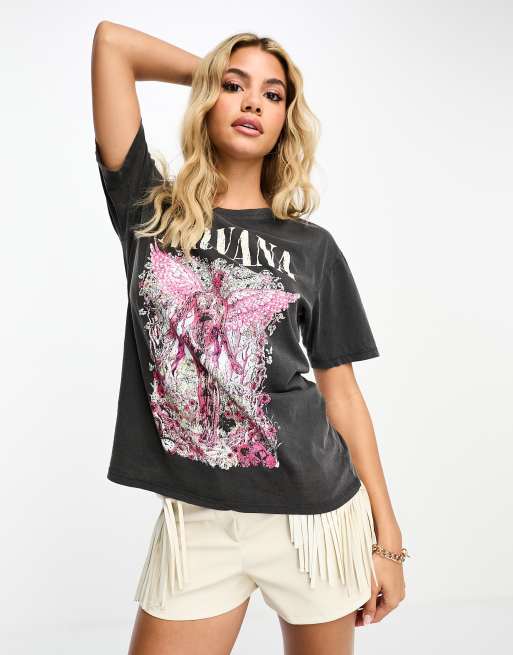 Stradivarius nirvana graphic band tee in acid wash