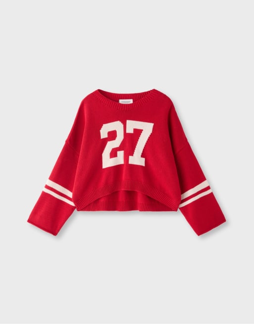 Stradivarius Number cropped knit jumper in red, 6 of 7