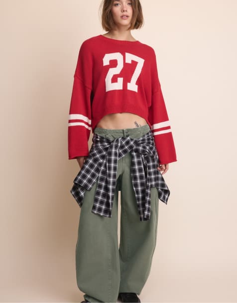 Stradivarius Number maglione corto in maglia rosso - view 1