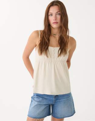 Stradivarius - Oberteil in Steinbeige mit Riemchenträgern und Leinenanteil-Weiß