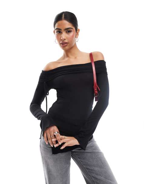 Stradivarius off shoulder asymmetric top in black