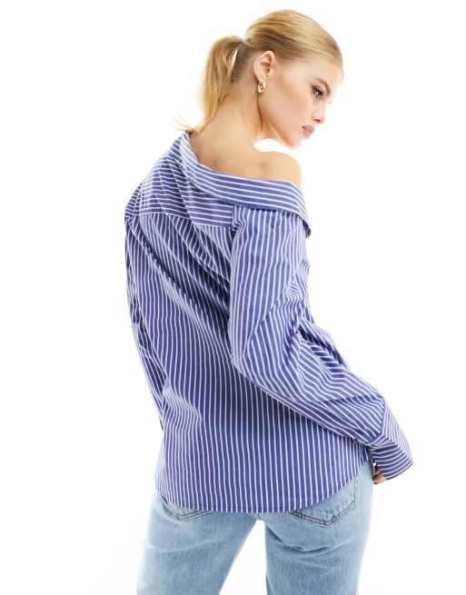 Stradivarius off shoulder detail poplin stripe shirt in navy ASOS