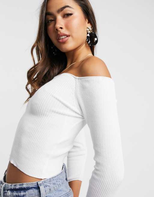 Stradivarius Off Shoulder Knit Cropped Top In Ecru Asos