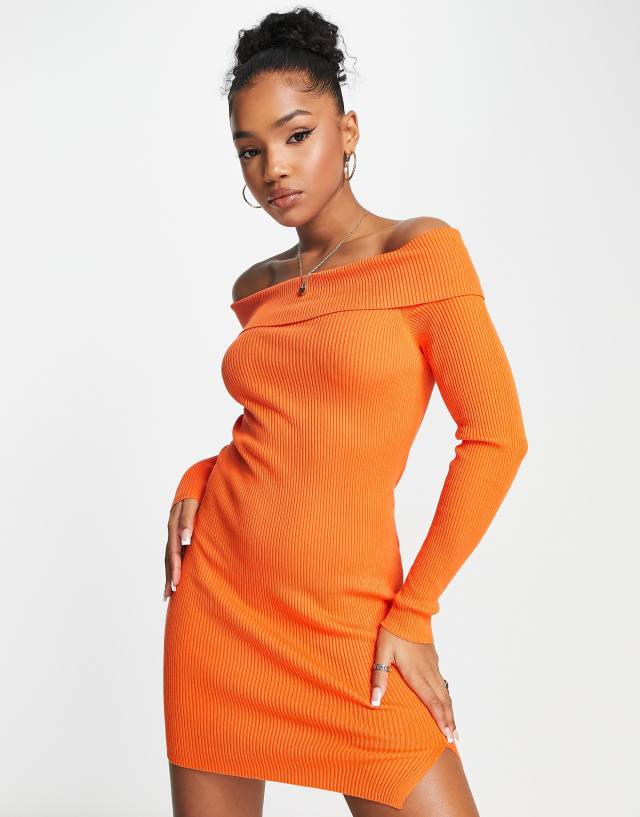 Stradivarius off shoulder knitted mini dress in orange