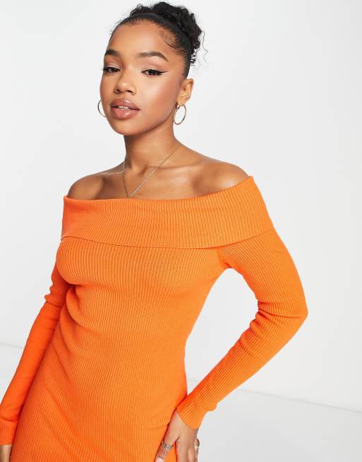 Stradivarius off shoulder knitted mini dress in orange