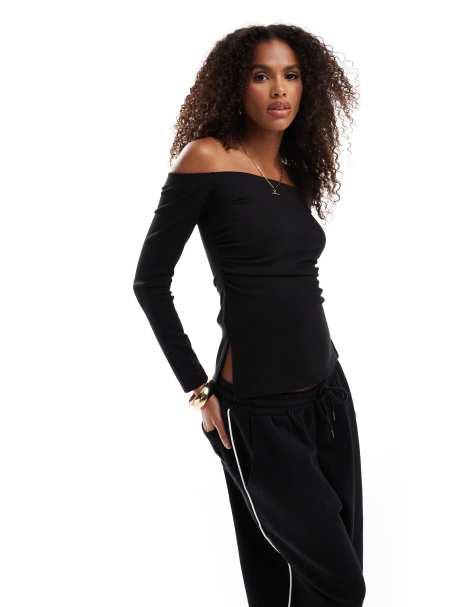 Stradivarius off shoulder long sleeve top in black - view 1