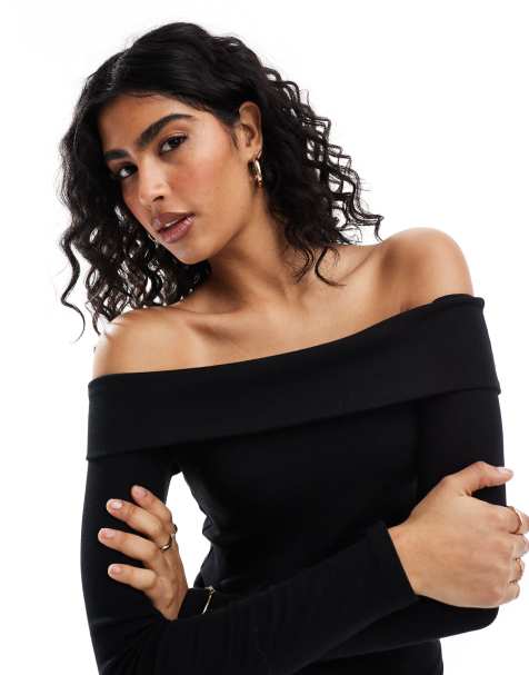 Stradivarius off shoulder top in black - view 1