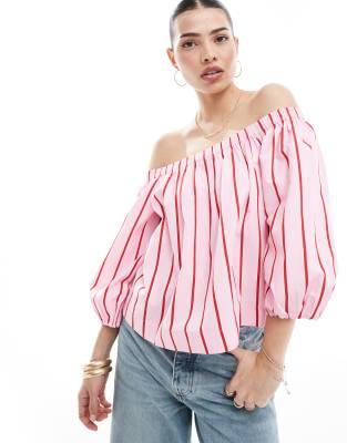 Stradivarius Off Shoulder Top In Pink Stripe