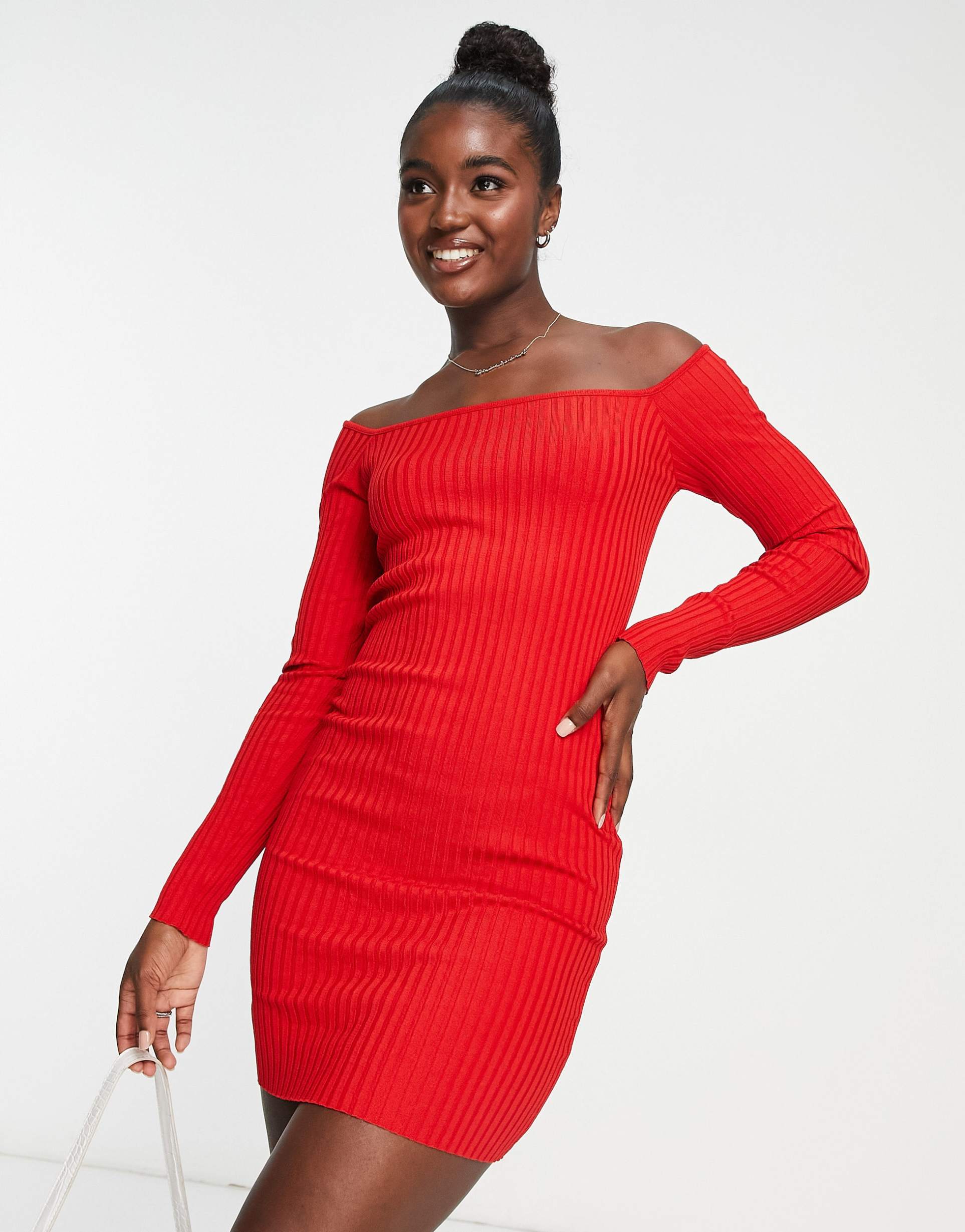 stradivarius off shoulder wide neck midi dress with open back in red