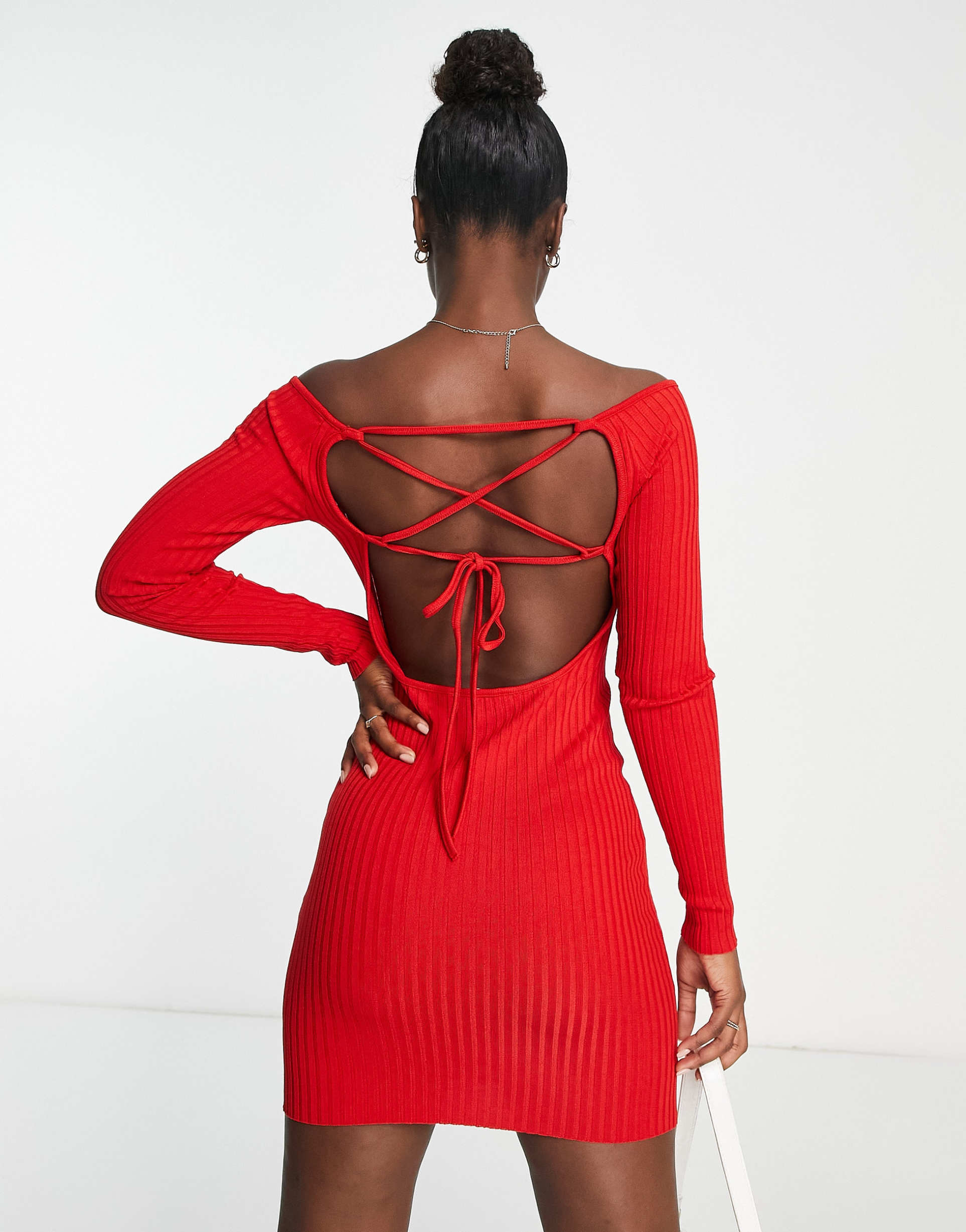 stradivarius off shoulder wide neck midi dress with open back in red