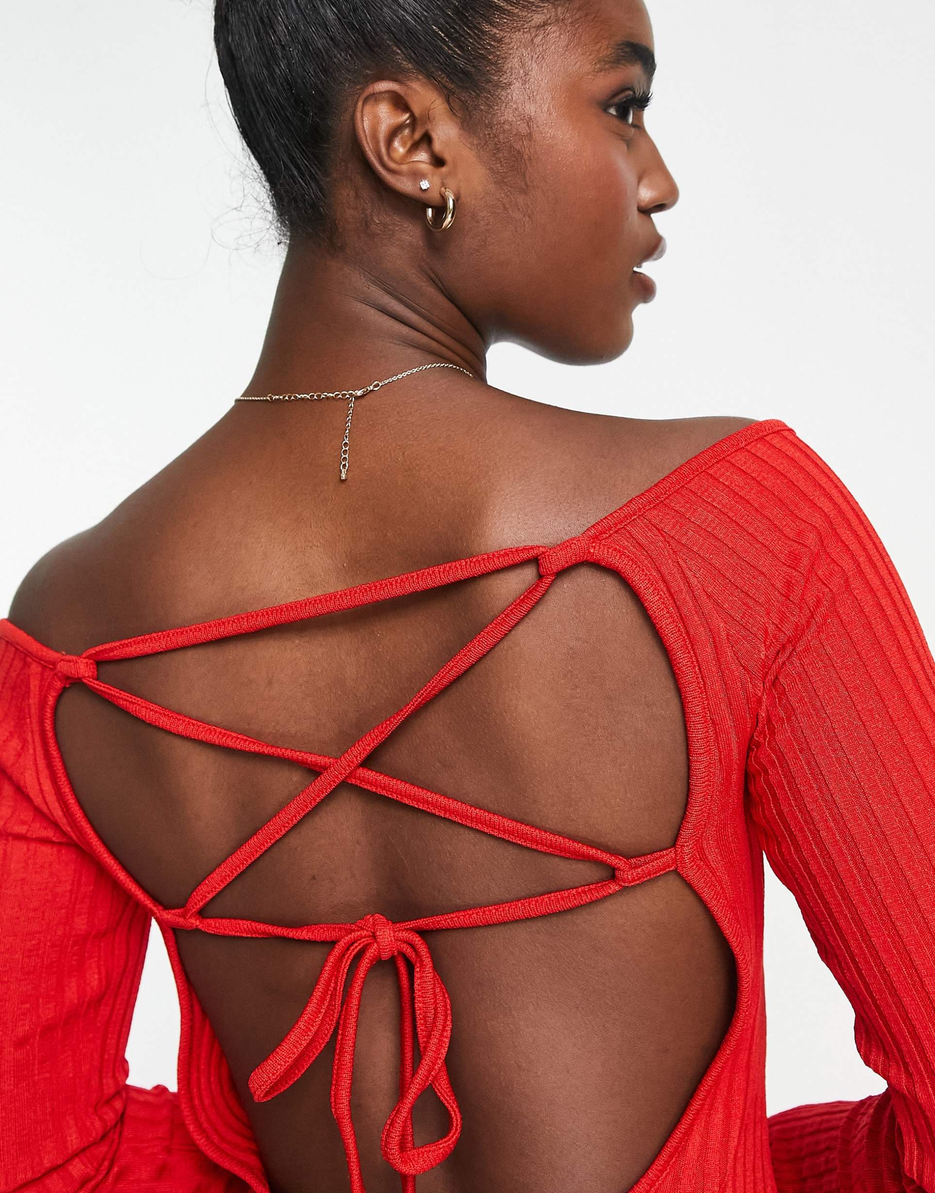 stradivarius off shoulder wide neck midi dress with open back in red