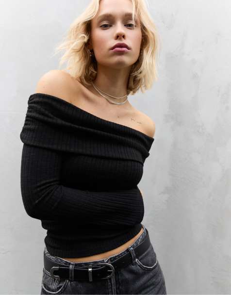 Stradivarius Off-the-shoulder gathered knit top in black