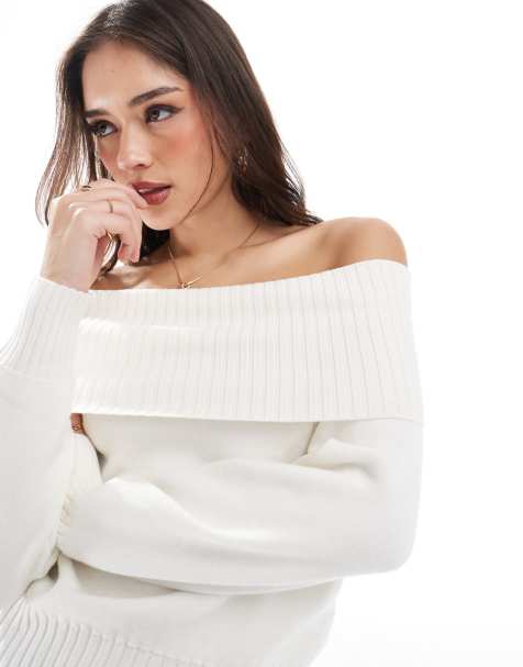 Stradivarius off-the-shoulder knit top in ecru - view 1