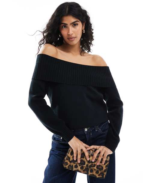 Stradivarius off the shoulder knitted top in black - view 1