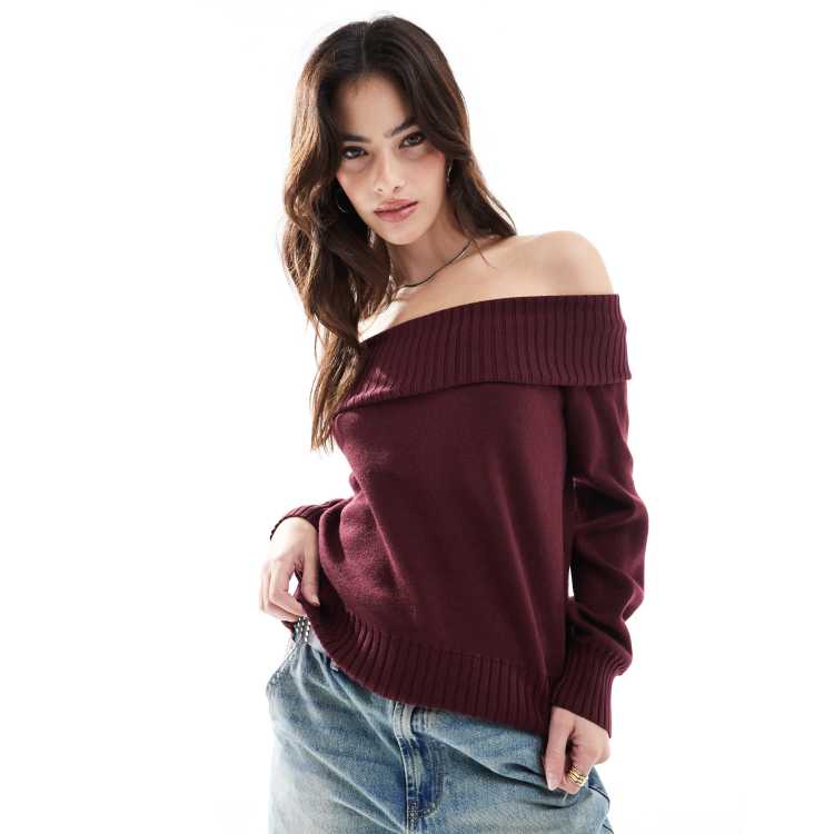 Stradivarius off the shoulder knitted top in burgundy | ASOS
