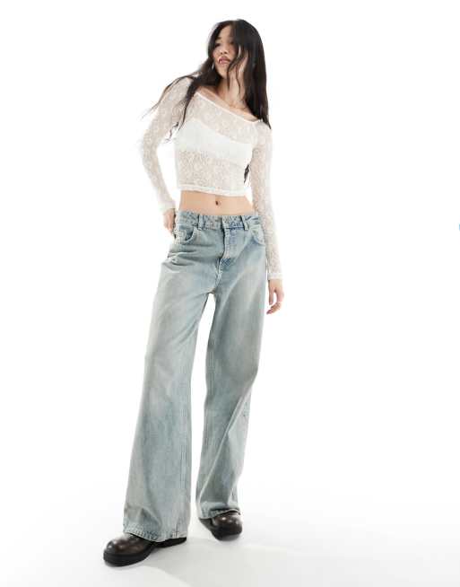 Stradivarius - Offshoulder-top med blondedetaljer og lange ærmer i hvid, 3 af 4