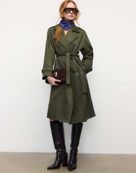 Stradivarius – Olivgrön, lång trenchcoat i mockaimitation - view 1