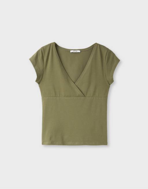Stradivarius onderbust top met korte mouwen in kaki, 5 van 6