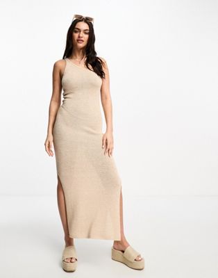 Stradivarius one shoulder crochet knitted maxi dress in natural