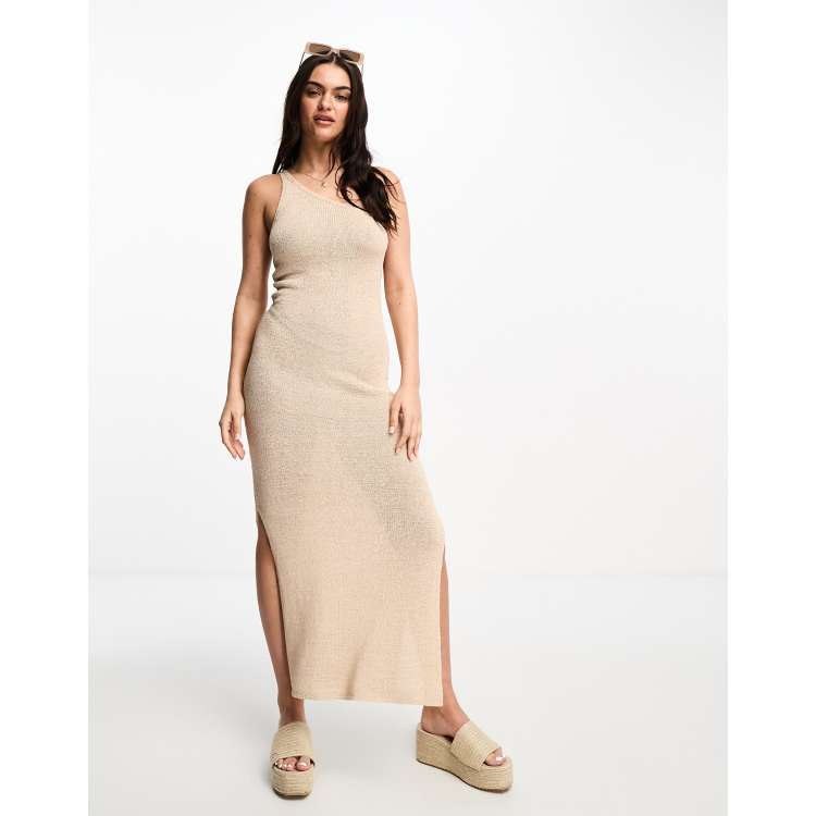 Stradivarius one shoulder crochet knitted maxi dress in natural ASOS