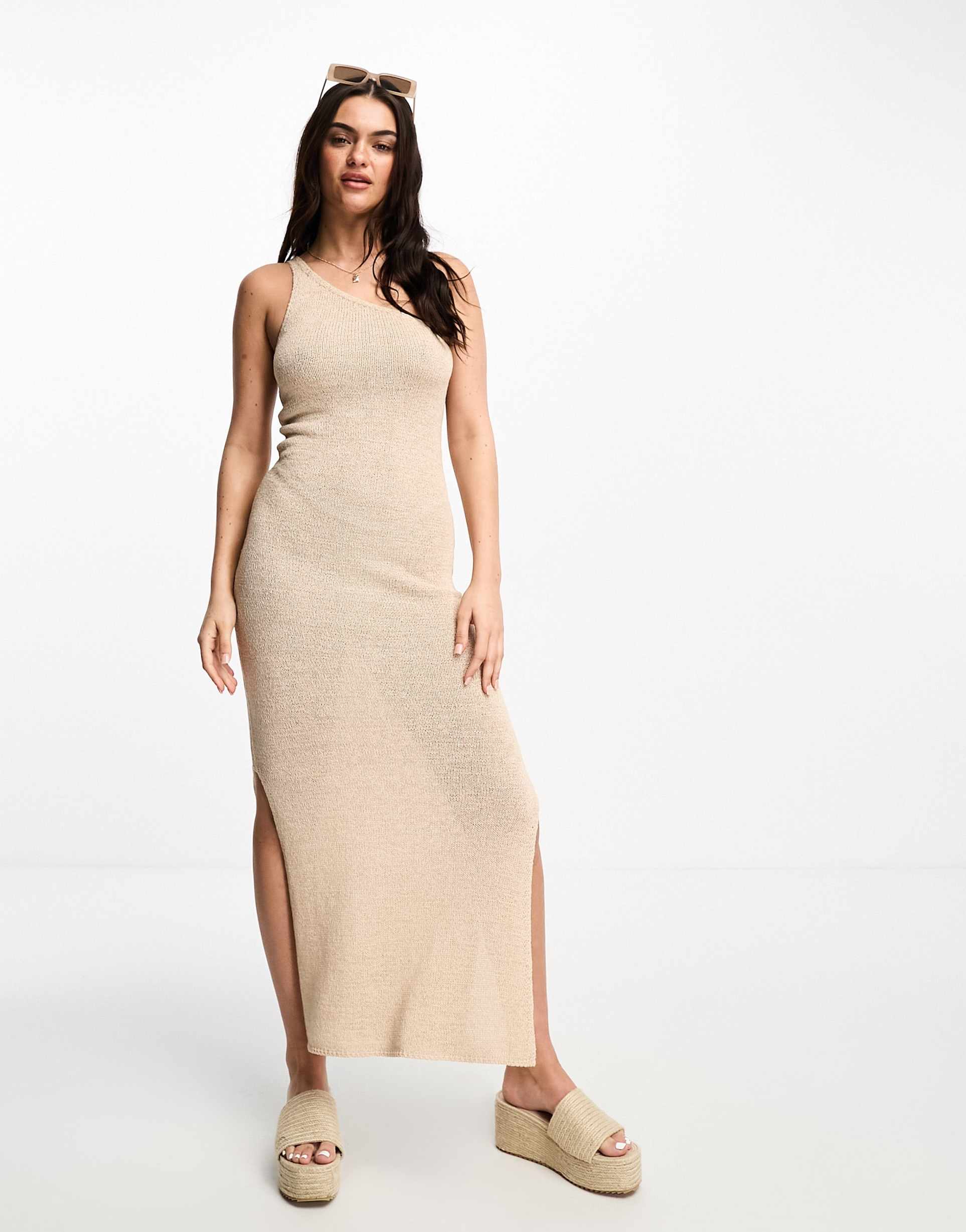 stradivarius one shoulder crochet knitted maxi dress in natural