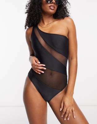 Stradivarius one shoulder swimsuit with mesh detail in black