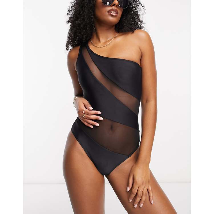 Stradivarius one shoulder swimsuit with mesh detail in black ASOS