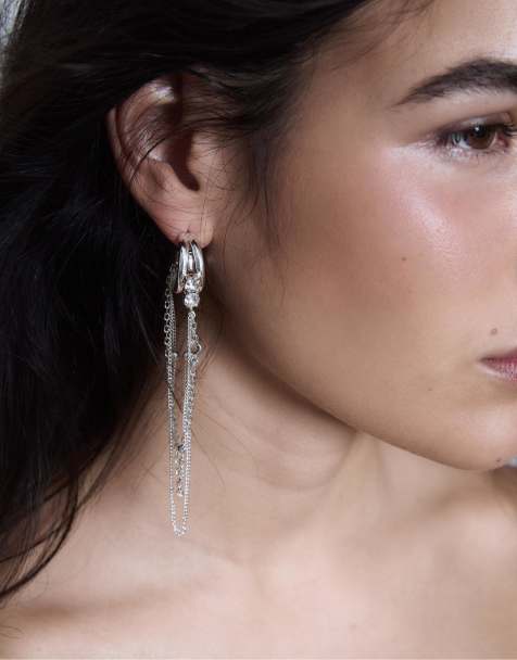 Stradivarius - Oorringen met lange ketting in grijs - view 1