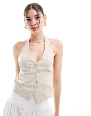 Stradivarius open back halterneck pinstripe waistcoat in beige-Neutral