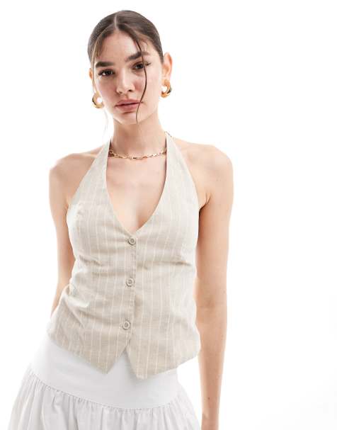 Stradivarius open back halterneck pinstripe waistcoat in beige - view 1