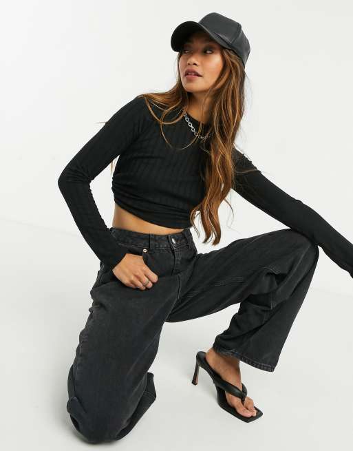 Stradivarius open back long sleeve top in black, 3 of 4