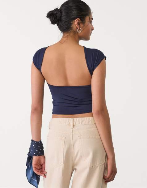 Stradivarius Open-back t-shirt in dark blue - view 1