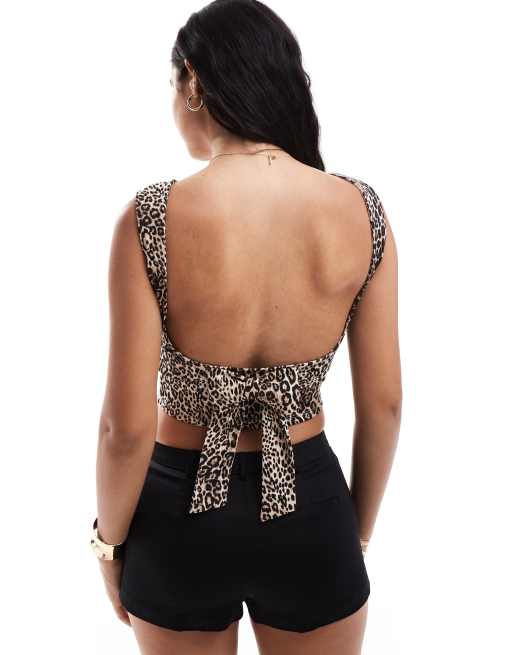 Stradivarius open back top with tie back in leopard ASOS