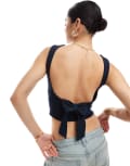 Stradivarius open back top with tie back in navy