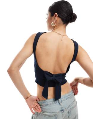 Stradivarius open back top with tie back in navy 
