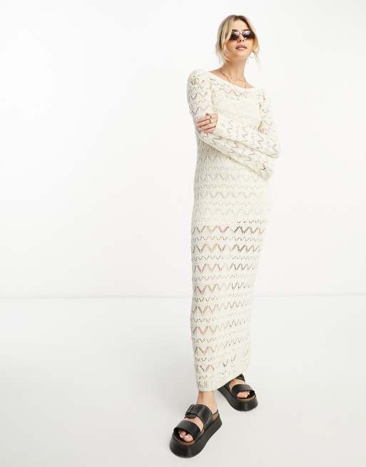 Stradivarius open crochet maxi dress with open back detail in ecru