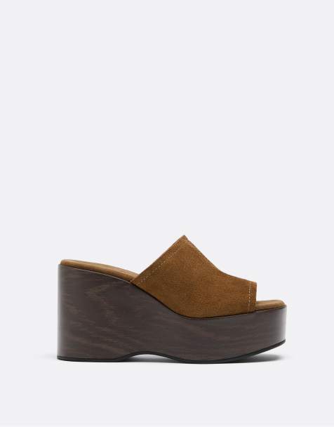 Stradivarius Open leather platform wedges in brown - view 1