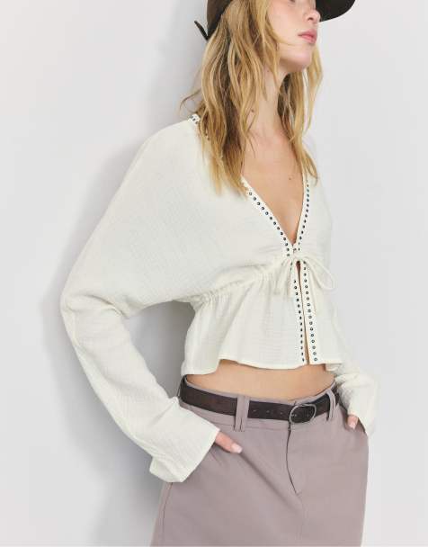 Stradivarius - Open overhemd met studs in ecru - view 1