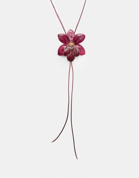 Stradivarius Orchid flower cord necklace in fuchsia - view 1