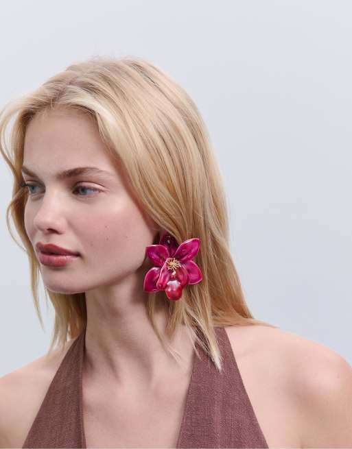 Stradivarius - Orecchini fucsia a forma di orchidee