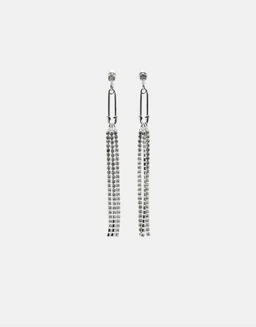 Stradivarius - Orecchini pendenti grigi con strass e dettaglio a forma di spilla da balia