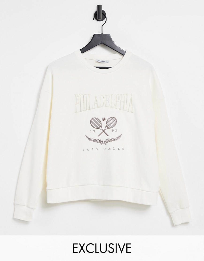 Stradivarius organic cotton Philadelphia varsity sweatshirt in ecru-White