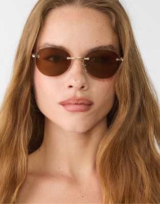 Stradivarius oval metal sunglasses in brown - view 1