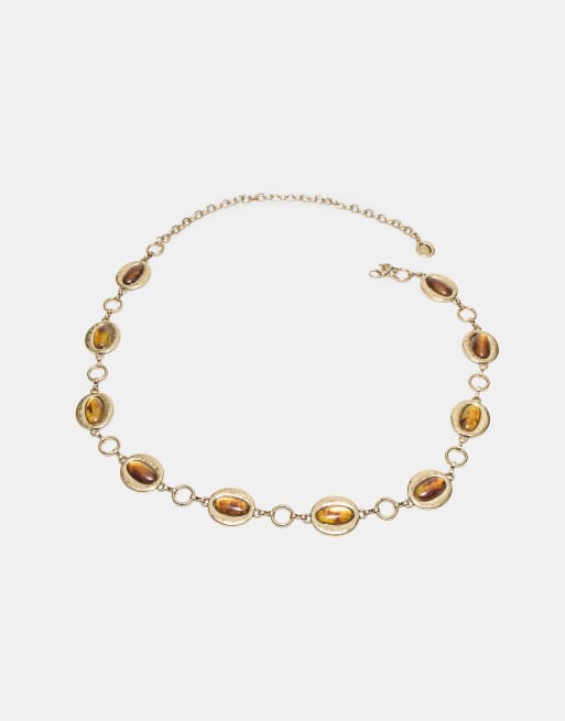 Stradivarius Oval stone metal belt in beige, 4 of 4