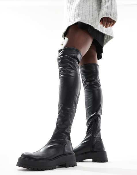 Stradivarius over the knee chunky boot in black - view 1