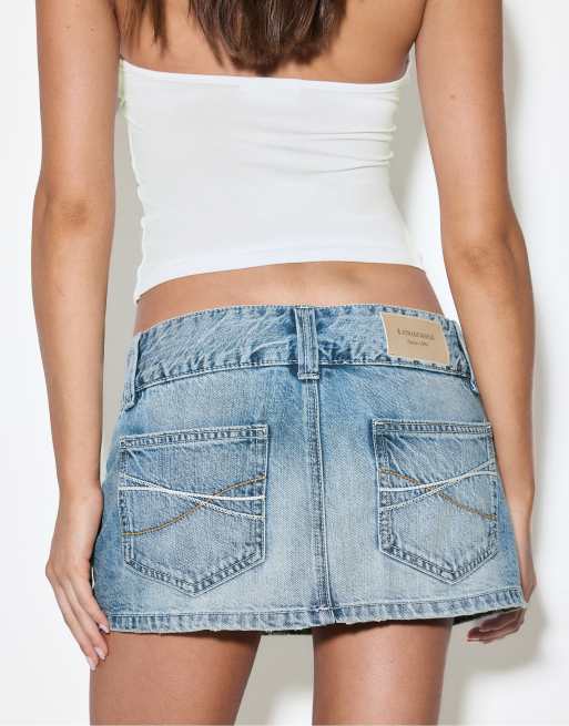 Stradivarius - Overfarvet blåt skort med lav talje og detaljer i denim, 4 af 4