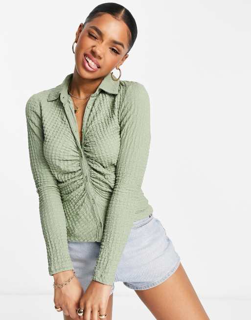 Stradivarius - Overhemd in jaren 90-stijl met textuur en stretch in saliegroen
