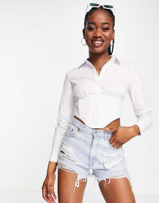 Stradivarius - Overhemd met korsetdetail in wit 